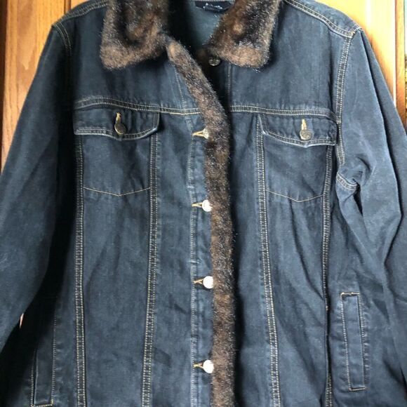 Dennis Basso Mob Wife Dark Denim Faux Fur Trim Jean Jacket - L - Picture 4 of 14